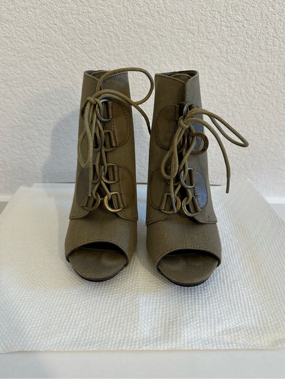 Lace-Up Open-Toe Women’s Booties in Olive